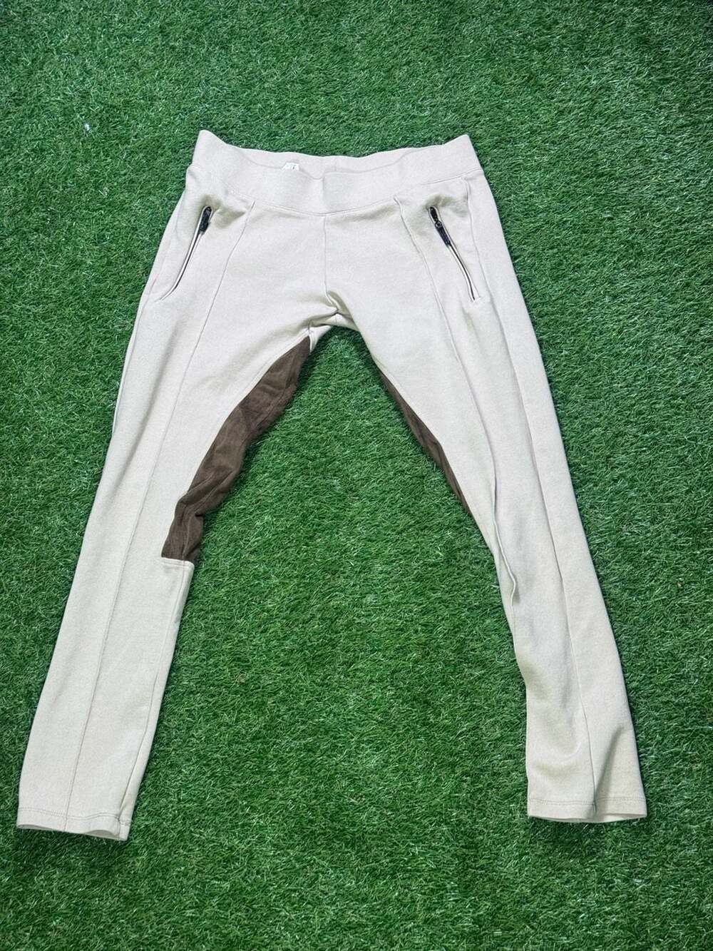 Zara Basic Beige Equestrian Style Leggings with Brown Suede Knee Patches